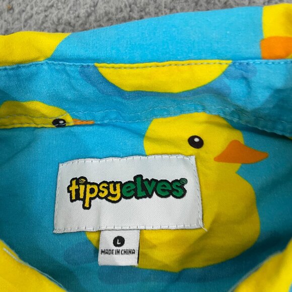 Tipsy Elves Rubber Ducky Hawaiian Shirt Men L Blue Short Sleeve Button Front - Picture 5 of 10